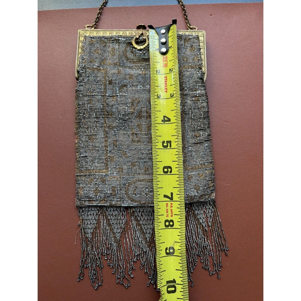 Antique FRENCH Art Deco Gold Silver Handmade Steel Beaded Fringe Flapper Purse - Picture 5 of 10